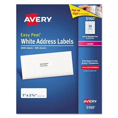 Avery 5160 easy peel white address labels are perfect for creating professional labels quickly and easily. Avery® 5160 Easy Peel Address Labels, Laser, 1 x 2 5/8, White, 6,000 Labels - Sam's Club