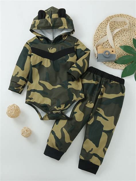 2 Pieces Baby Boy Camouflage Set Hooded Bodysuit And Trousers