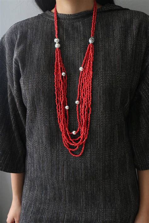 Coral Multi Strand Necklace Long Coral Beaded Necklace Red Etsy Red