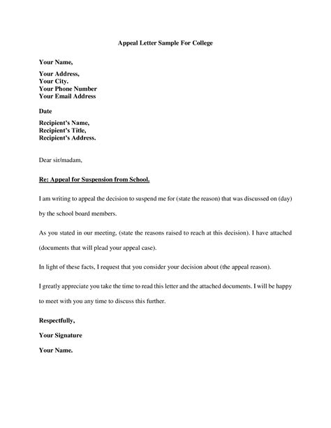 Letter Of Appeal To College Admission Office Sample Sample Appeal Letter For College