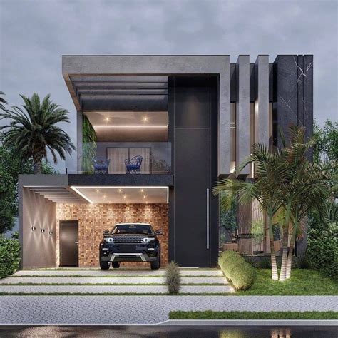 A Car Is Parked In Front Of A Modern House With Palm Trees And