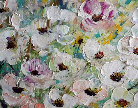 Fresh Flowers Spring Oil Painting Impasto Large Canvas White Wild Flowers