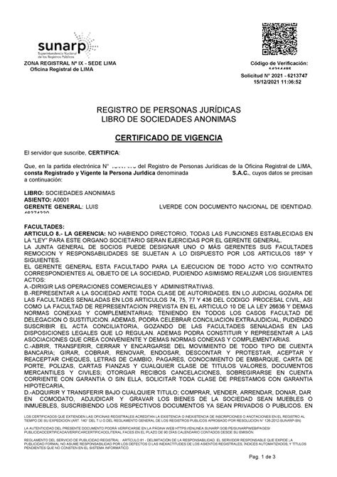 Certificado De Vigencia De Poder Pers Jurídica Registro De Personas