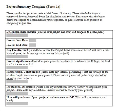 sample project summary templates   ms word