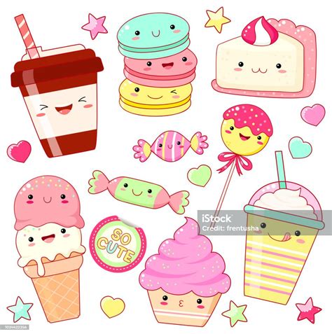 Set Of Cute Sweet Icons In Kawaii Style Stock Illustration Download
