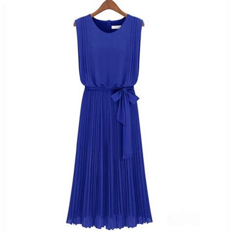 Fashion 2015 Summer Women Beach Dresses Elegant Slim Royal Blue Chiffon Dress O Neck Sleeveless