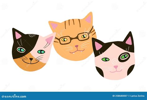 Funny Cats Muzzles Set Hand Drawn Cute Friends Kittens Head Clip Art Stock Vector