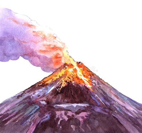 Watercolor Realistic Volcano Isolated On A White Stock Illustration