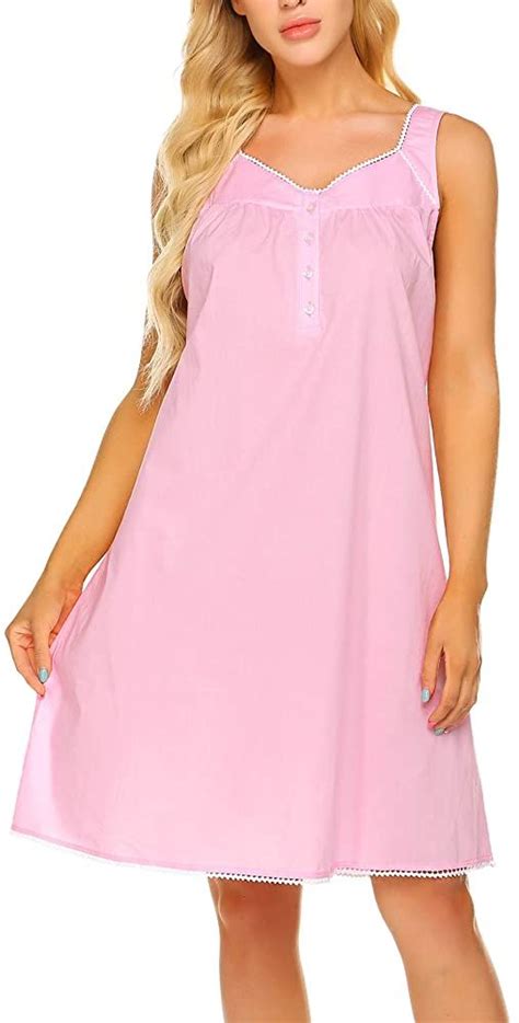 Ekouaer Lace Sleep Dress Button Knee Length Nightgown Soft Womens Night Shirts Sleeveless Sleep