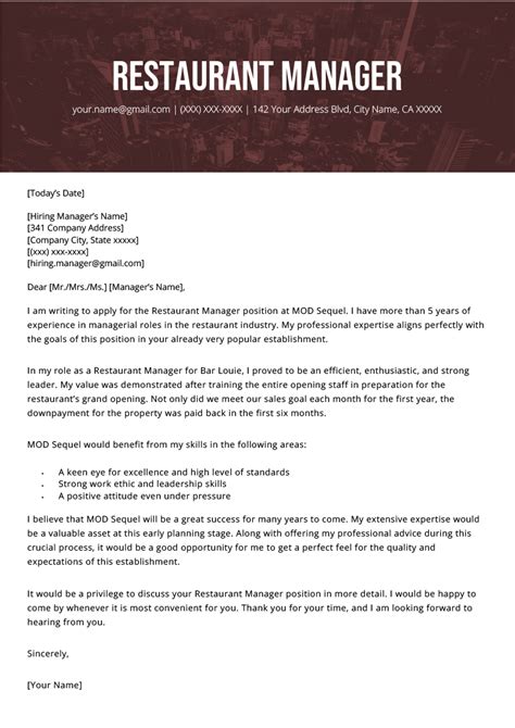 The most important parts every formal job offer letter/email template should outline include: Restaurant Manager Cover Letter Example | Resume Genius ...
