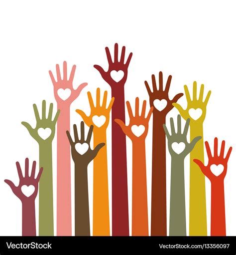 Volunteers Colorful Caring Up Hands With Hearts Vector Image
