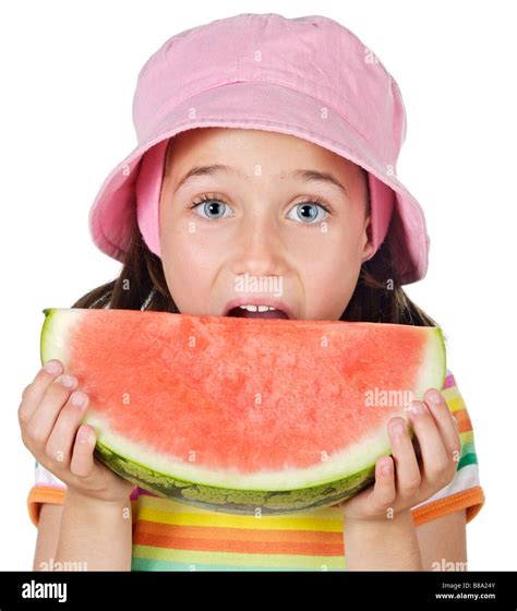 Adorable Girl Eating Watermelon A Over White Background Stock Photo Alamy