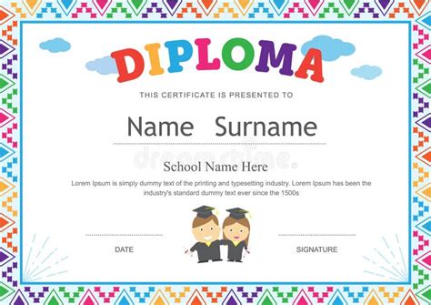 Kids Diploma Preschool Certificate Elementary School Template Ba Stock