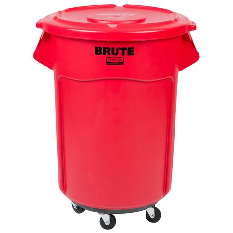 Rubbermaid Brute 55 Gallon Red Round Trash Can With Lid And Dolly