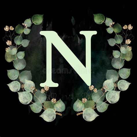 Capital Letter N Decorated With Golden And Green Leaves Letter Of The
