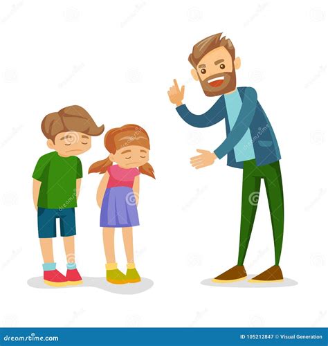 Angry Caucasian White Father Scolding His Children Stock Vector