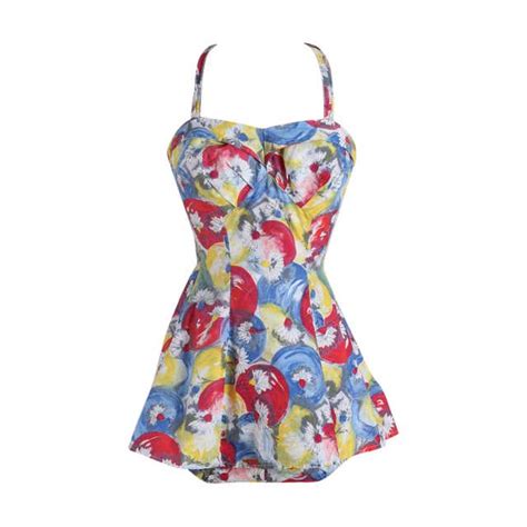 Vintage 1950s Kittiwake Red And Blue Watercolor Cotton Swimsuit At 1stdibs