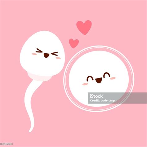Cute Happy Funny Sperm Cell And Ovum Vector Flat Line Cartoon Illustration Fertilization Concept
