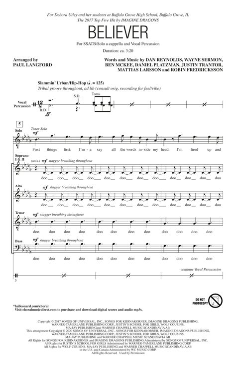 Believer Arr Paul Langford Sheet Music Imagine Dragons Ssatb Choir