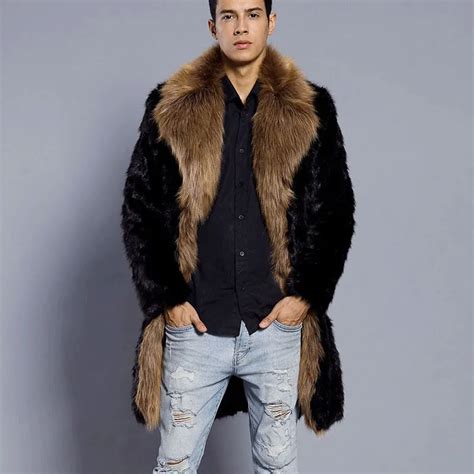 Mens Fur Coat Winter Faux Fur Outwear Turn Down Collar Men Parka