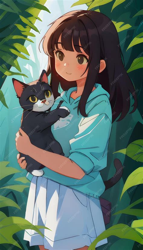 Premium Ai Image Anime Cute Girl And Her Lovely Cat Natural Background