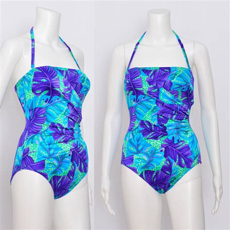 Tropical Print Swimsuit 8 S M 80s Vintage Purple Neon Lime Etsy
