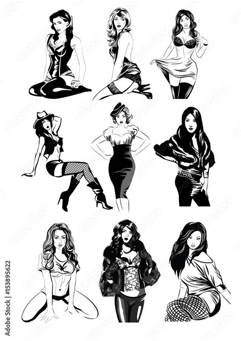 Sketch Pen Sexy Beautiful Girls In Different Poses Vector Illustration Stock Vector Adobe Stock