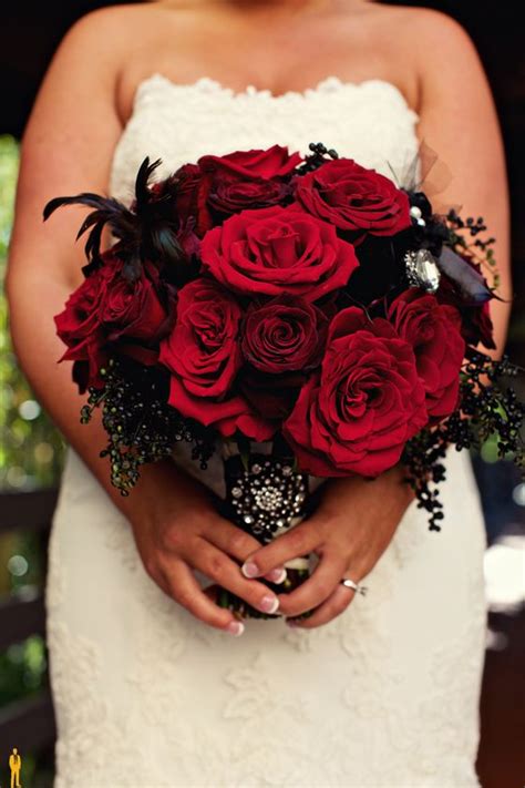 Gothic Wedding Bouquet With Red Roses And Black Feathers