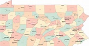 Multi Color Pennsylvania Map with Counties, Capitals, and Major Cities