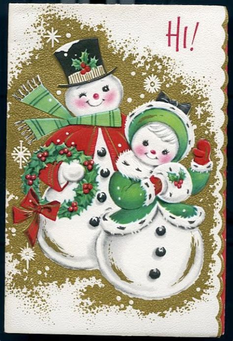 Digital Download Vintage Christmas Card With Snowman Couple