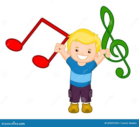 Happy Boy Cartoon Holding Musical Notes Vector Illustration Stock