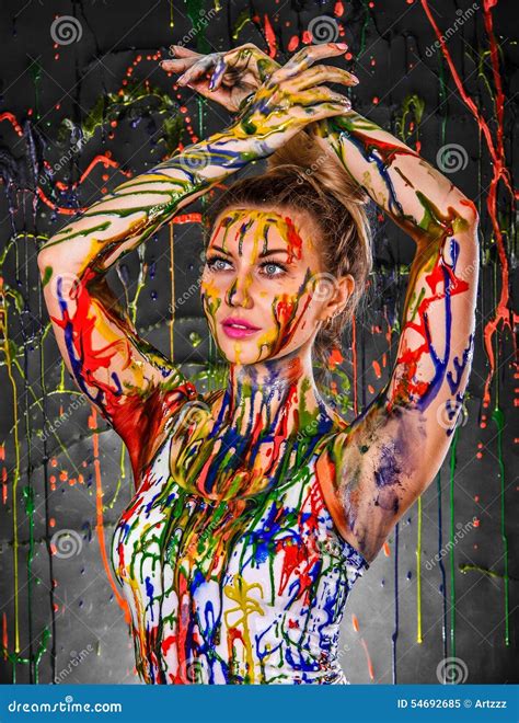 Beautiful Young Woman Covered With Paints Stock Image Image Of Modern