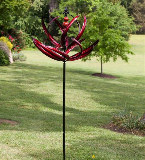 Two Tier 7½ Tall Crimson Lotus Metal Wind Spinner Garden Stake