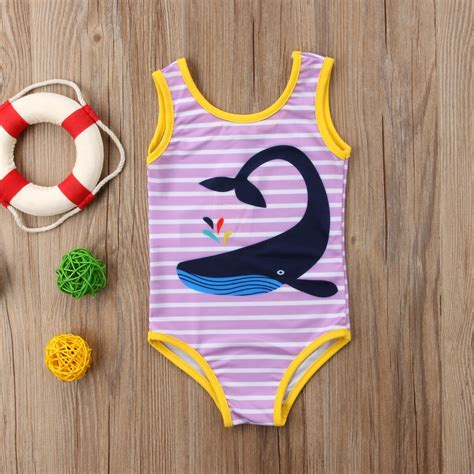 Toddler Kids Baby Girl Whale Print Striped One Piece Swimwear Swimsuit