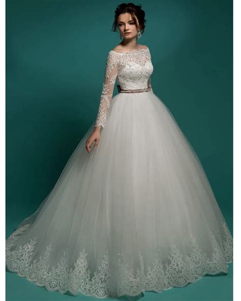 2017 Romantic Princess Puffy Tulle Ball Gown Wedding Dresses Boat Neck Sheer Long Sleeves With