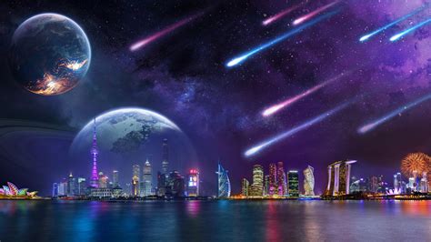 Cometas Y Planetas En Paisaje Digital Urbano En La Noche Fondo De