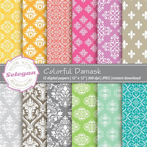 Colorful Damask Digital Paper Scrapbooking Paper 12x12 Etsy