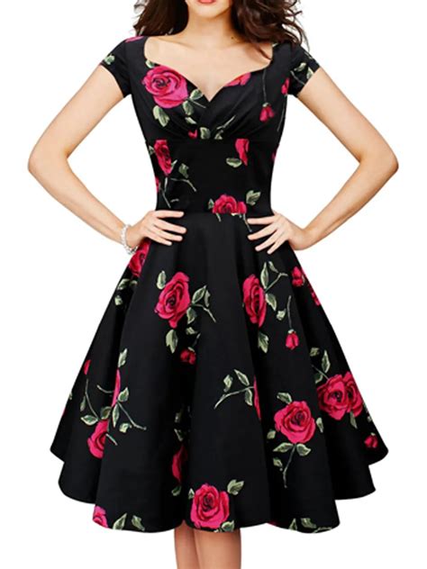 V Neck High Waist Elegant Red Rose Flower Floral Print Dress Retro Plus Size Polyester Summer