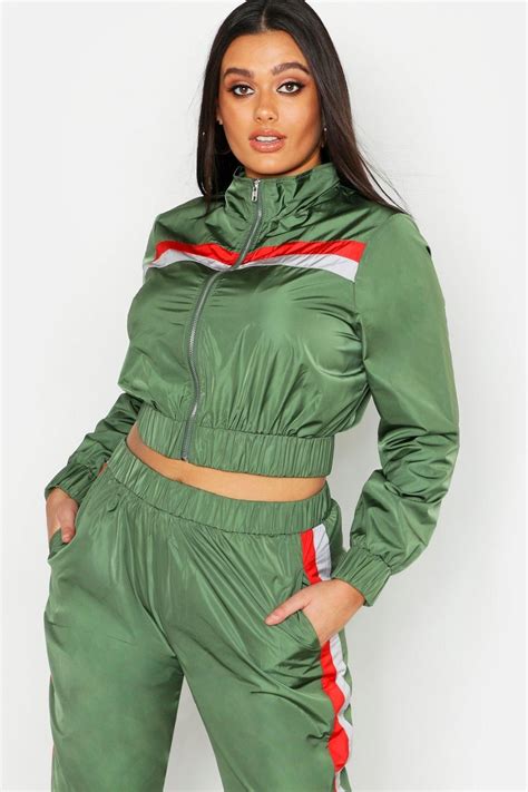 Womens Plus Stripe Shell Tracksuit Top Green 18 Tracksuit Outfit