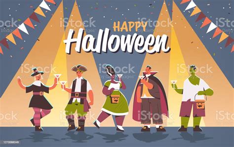 People In Different Costumes Celebrating Happy Halloween Party Concept