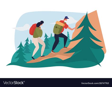 Man And Woman Are Hiking In Mountains Carrying Vector Image