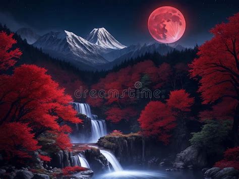 Hd Waterfall Wallpapers Mountain Magical Tree Background Big Moon Stock