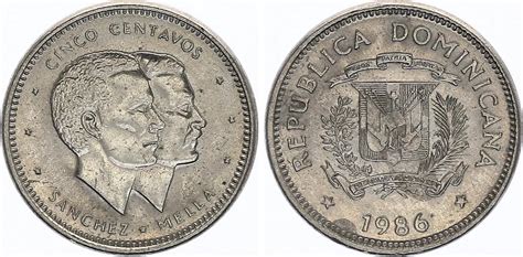 Coin Dominican Rep 5 Centavos Sanchez Mella 1983 1987
