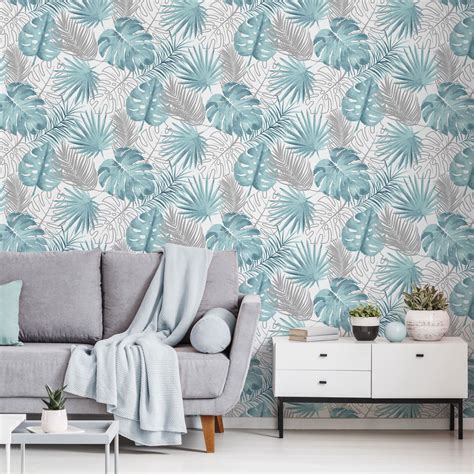 Muriva Tropical Leaves Wallpaper Glittermetallic Highlights Ebay