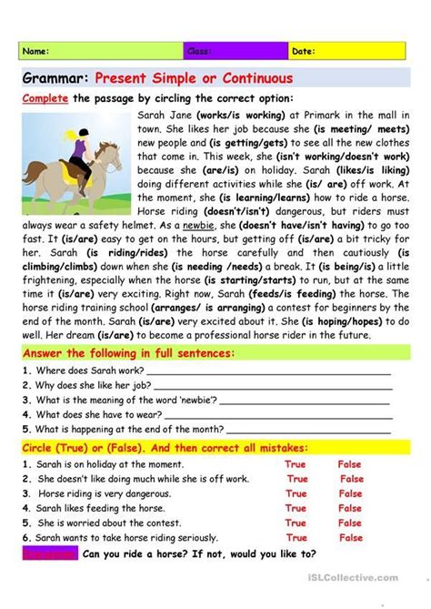 Grammar Present Simple Or Continuous Reading Comprehension Lessons