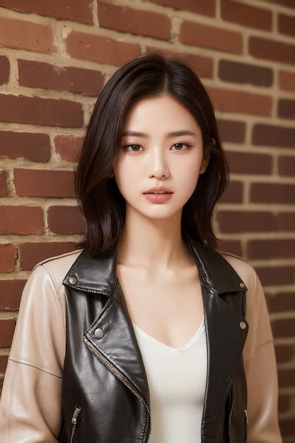 Premium Ai Image Portrait Of Beautiful Japanese Women With Brunette Lob Hair Leather Moto