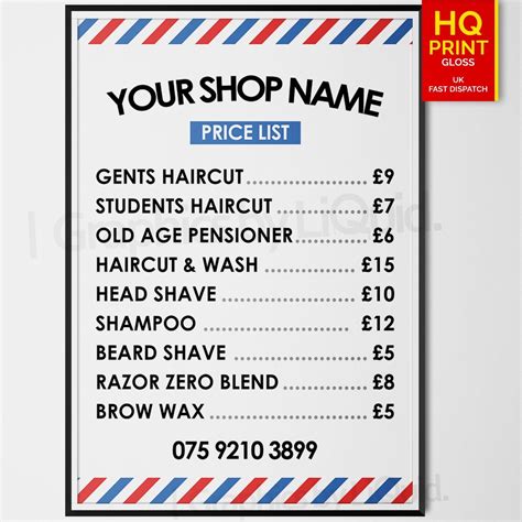Barber Shop Poster Price List Sign Salon Advertising Prices A4 A3 A2 A1