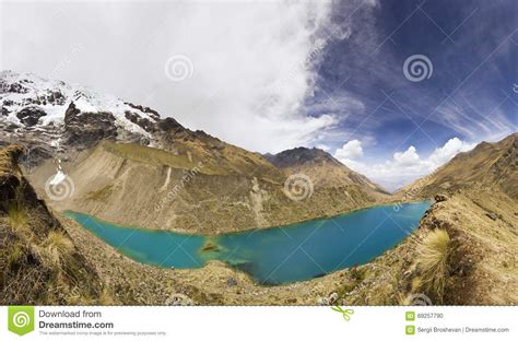 Panorama Of Snow Covered Andes Mountains And Blue Lake Stock Photo