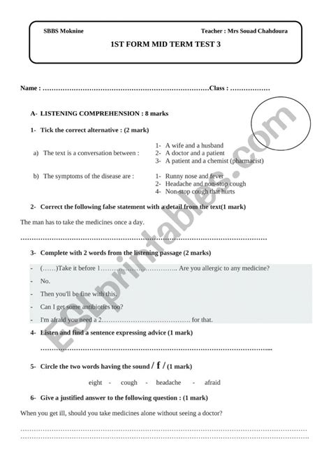 1st Form Mid Term 3 Test Esl Worksheet By Slimsouad208uk