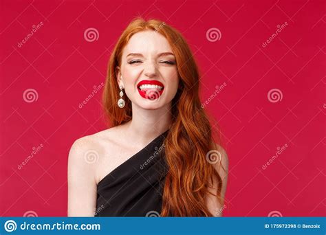 Close Up Portrait Of Carefree Happy Fabulous Young Redhead Woman In Black Elegant Dress Show